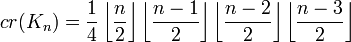 cr(K_n)=\frac{1}{4}\left\lfloor\frac{n}{2}\right\rfloor\left\lfloor\frac{n-1}{2}\right\rfloor\left\lfloor\frac{n-2}{2}\right\rfloor\left\lfloor\frac{n-3}{2}\right\rfloor